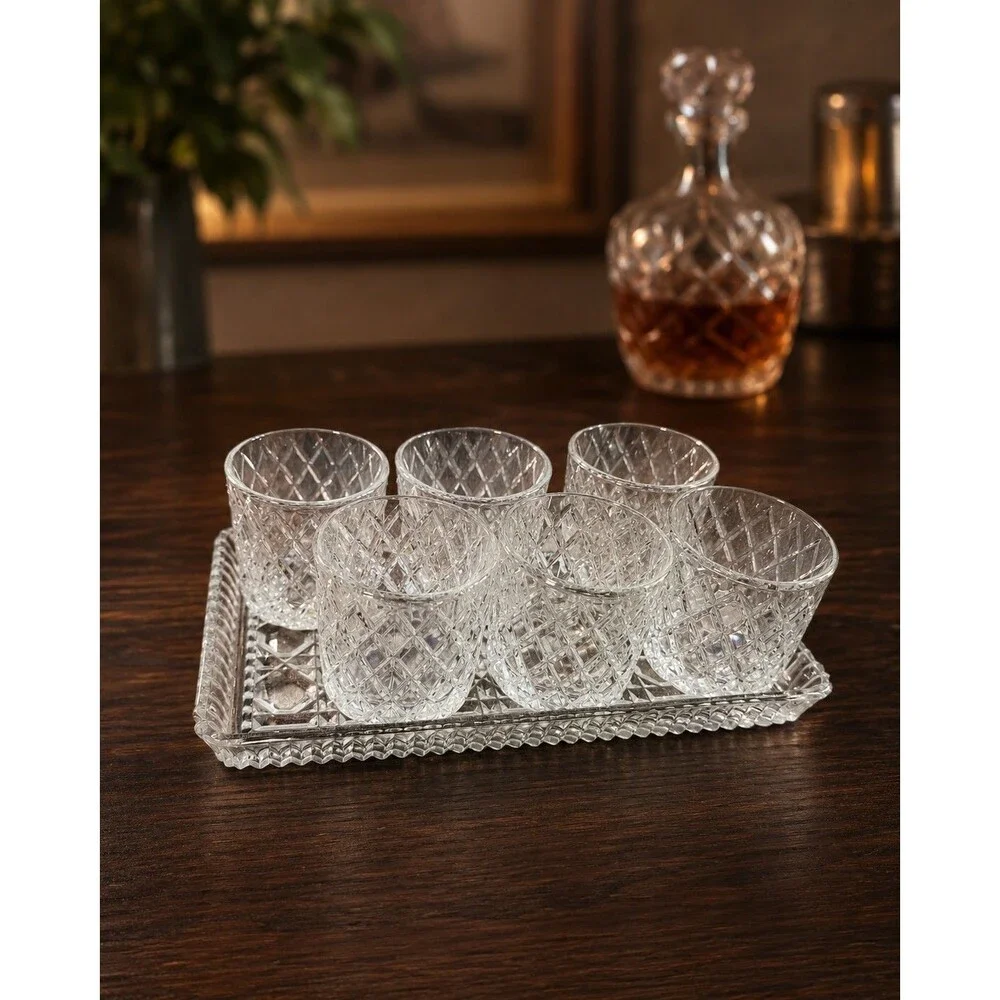 Vintage Cut Crystal Shot Glasses Set of 6 with Matching Rectangular Serving Tray